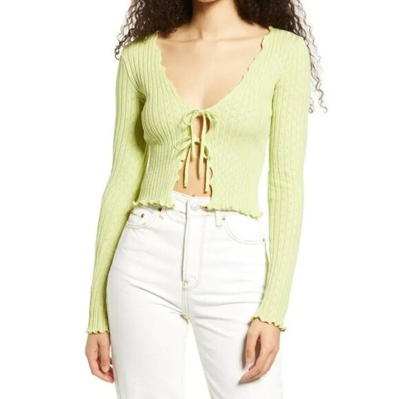 BDG URBAN OUTFITTERS Noori Lettuce Trim Tie Front Top In Lime - Picture 1 of 12
